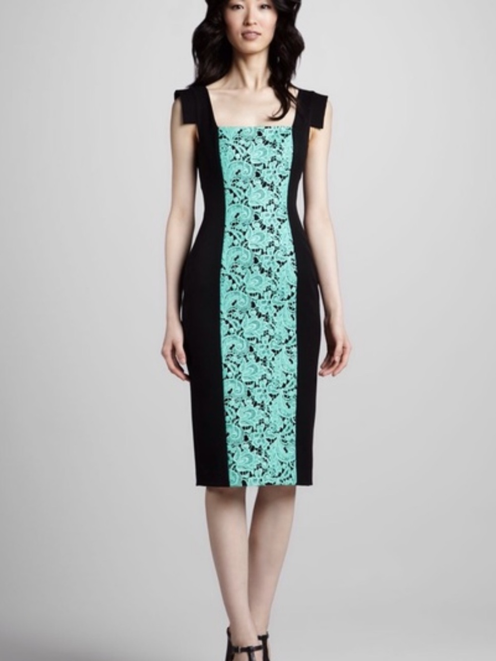 Black Halo Francisca sheath sleeveless lace front dress black green 4